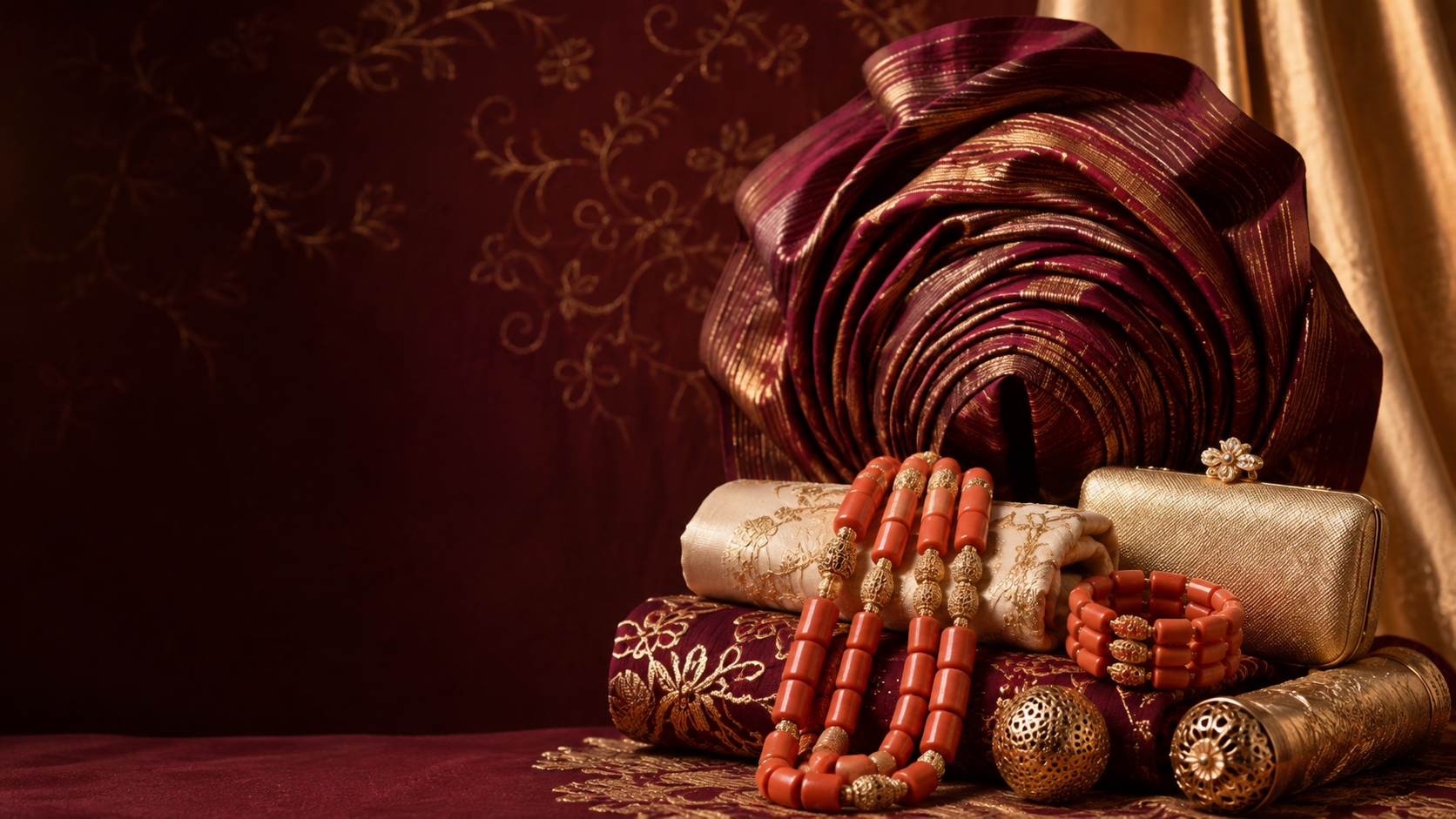 Traditional Nigerian wedding attire, coral beads, and ceremonial fabrics